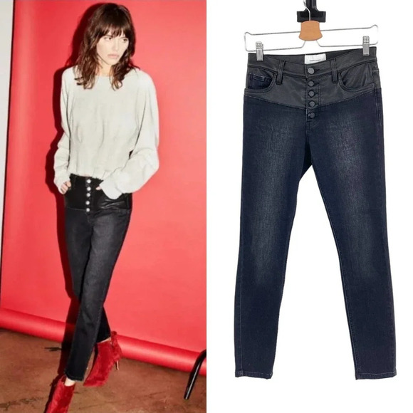 Current / Elliott The Fused High-Waist Stiletto Jeans Faux-Leather Black Size 24 - Picture 1 of 7